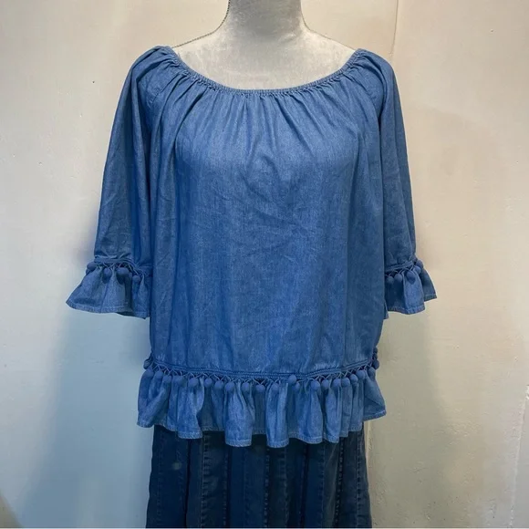 #0246 Hester & Orchard Denim Blue Ruffled Relaxed Blouse w/ Tassels-S - Picture 1 of 8